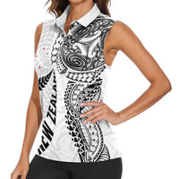 Aotearoa Volleyball Custom Women Sleeveless Polo Shirt Silver Ferns and Maori Tribal White