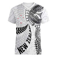 Aotearoa Volleyball Custom Women V-Neck T-Shirt Silver Ferns and Maori Tribal White