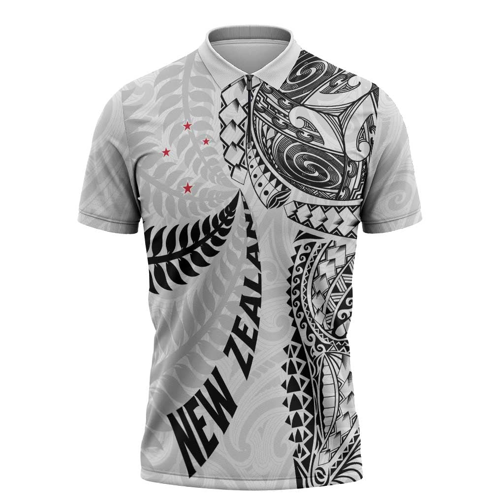 Aotearoa Volleyball Custom Zipper Polo Shirt Silver Ferns and Maori Tribal White