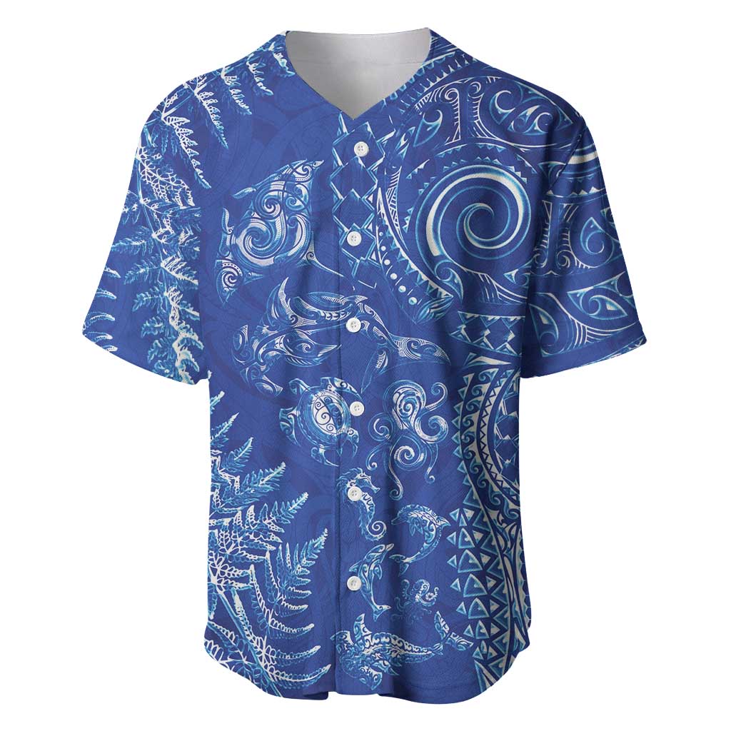 New Zealand Sea Animals Baseball Jersey with Maori Koru Tribal Tattoo and Silver Ferns Aquatic Style LT03 Navy - Polynesian Pride