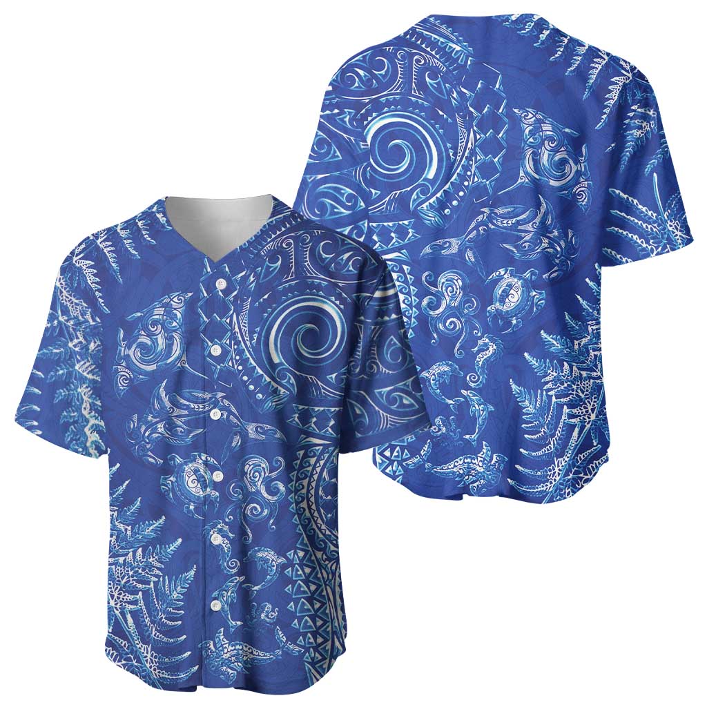 New Zealand Sea Animals Baseball Jersey with Maori Koru Tribal Tattoo and Silver Ferns Aquatic Style LT03 - Polynesian Pride