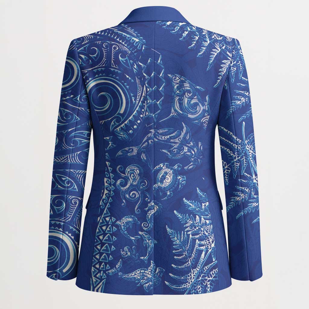New Zealand Sea Animals Blazer with Maori Koru Tribal Tattoo and Silver Ferns Aquatic Style LT03 - Polynesian Pride