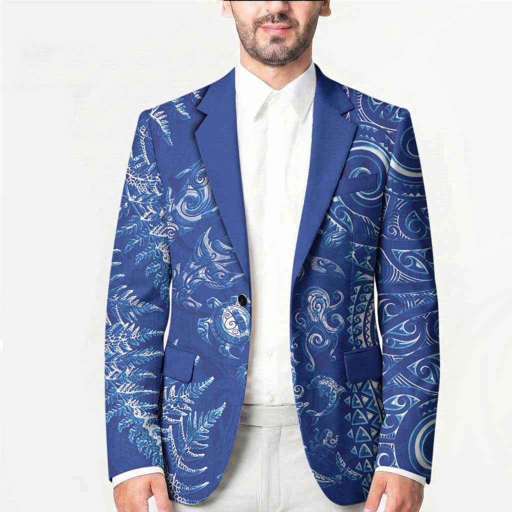 New Zealand Sea Animals Blazer with Maori Koru Tribal Tattoo and Silver Ferns Aquatic Style LT03 - Polynesian Pride