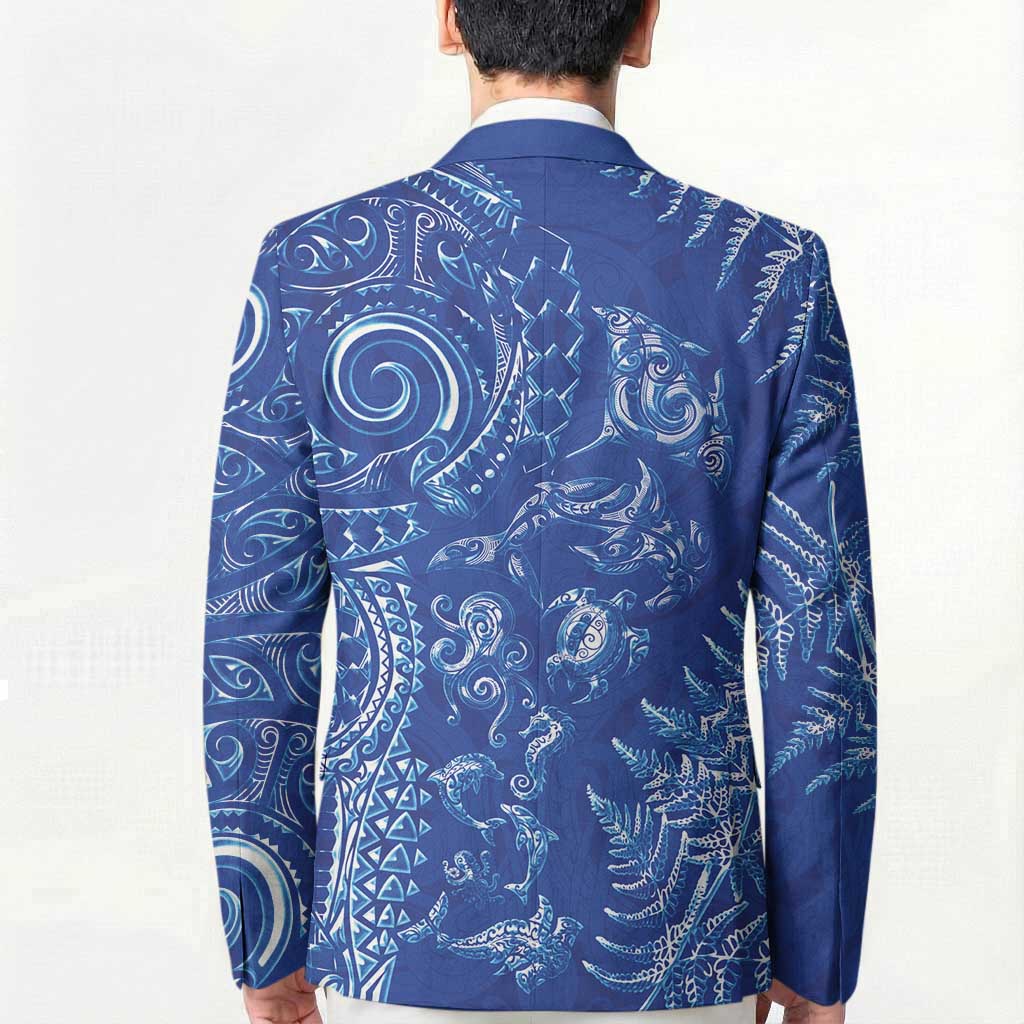 New Zealand Sea Animals Blazer with Maori Koru Tribal Tattoo and Silver Ferns Aquatic Style LT03 - Polynesian Pride