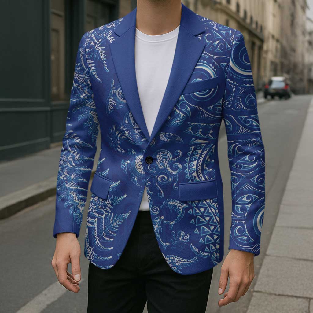 New Zealand Sea Animals Blazer with Maori Koru Tribal Tattoo and Silver Ferns Aquatic Style LT03 - Polynesian Pride