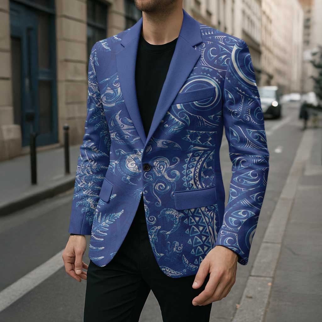 New Zealand Sea Animals Blazer with Maori Koru Tribal Tattoo and Silver Ferns Aquatic Style LT03 - Polynesian Pride