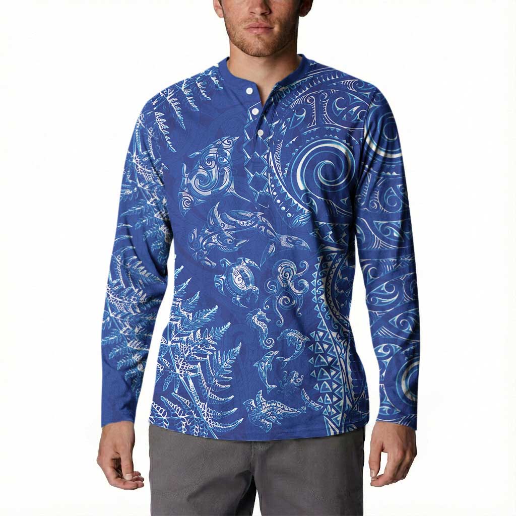 New Zealand Sea Animals Button Sweatshirt with Maori Koru Tribal Tattoo and Silver Ferns Aquatic Style