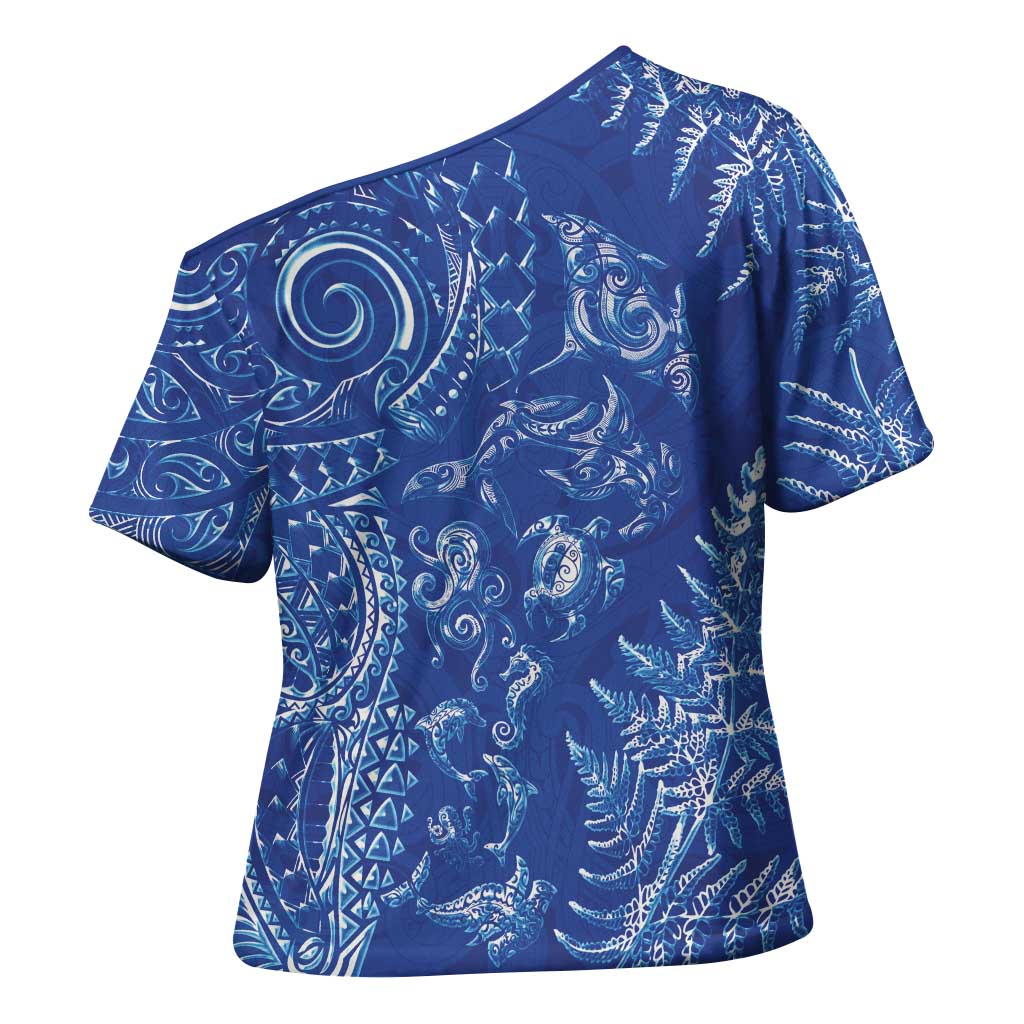 New Zealand Sea Animals Cross Shoulder Shirt with Maori Koru Tribal Tattoo and Silver Ferns Aquatic Style