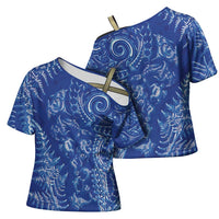 New Zealand Sea Animals Cross Shoulder Shirt with Maori Koru Tribal Tattoo and Silver Ferns Aquatic Style