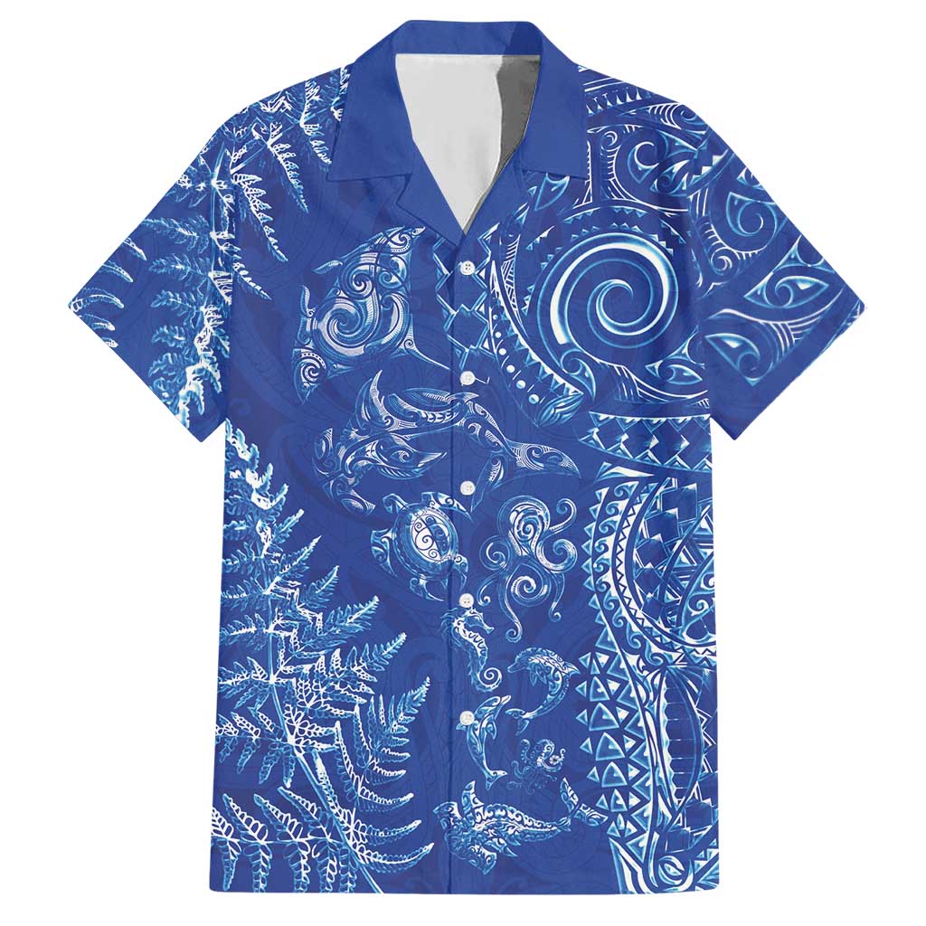 New Zealand Sea Animals Hawaiian Shirt with Maori Koru Tribal Tattoo and Silver Ferns Aquatic Style
