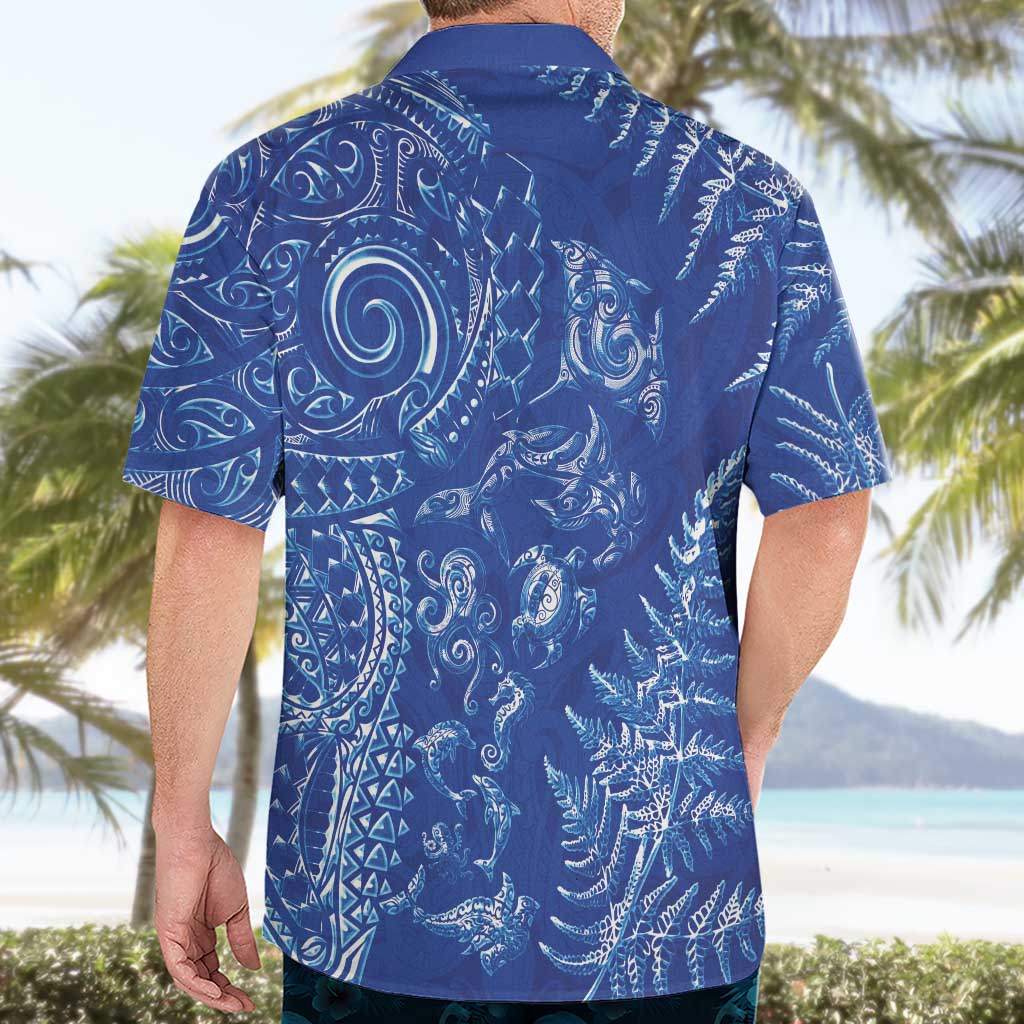 New Zealand Sea Animals Hawaiian Shirt with Maori Koru Tribal Tattoo and Silver Ferns Aquatic Style