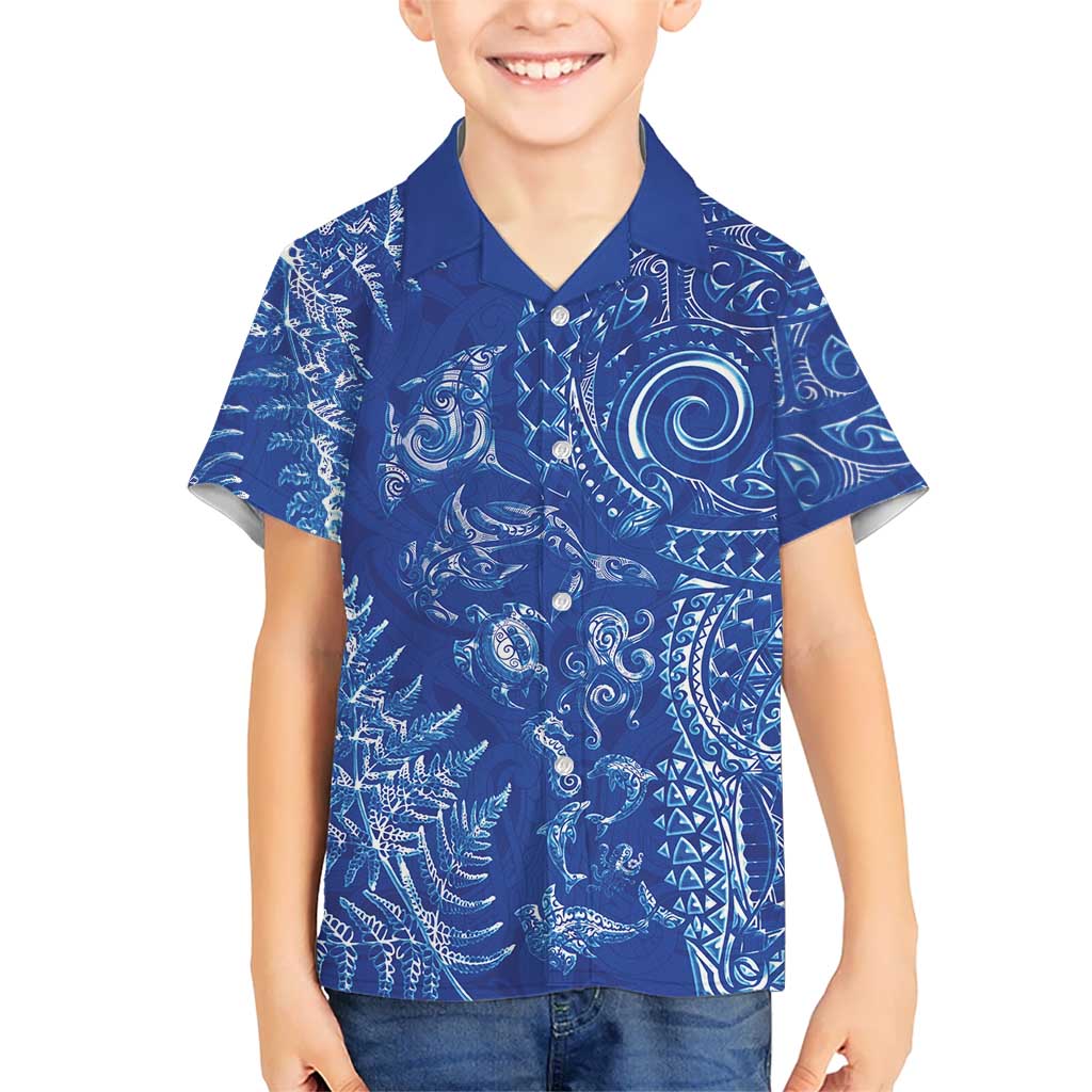 New Zealand Sea Animals Hawaiian Shirt with Maori Koru Tribal Tattoo and Silver Ferns Aquatic Style