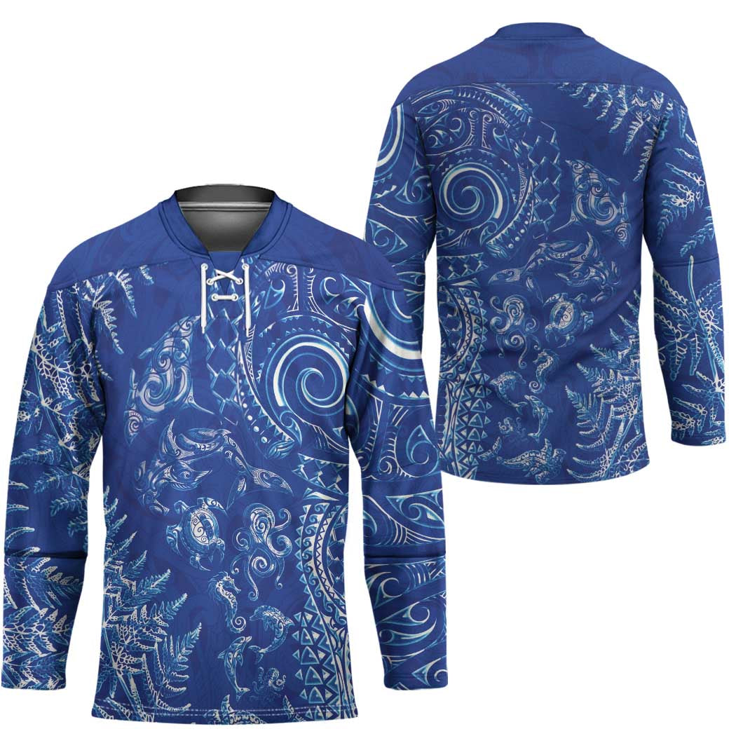 New Zealand Sea Animals Hockey Jersey with Maori Koru Tribal Tattoo and Silver Ferns Aquatic Style