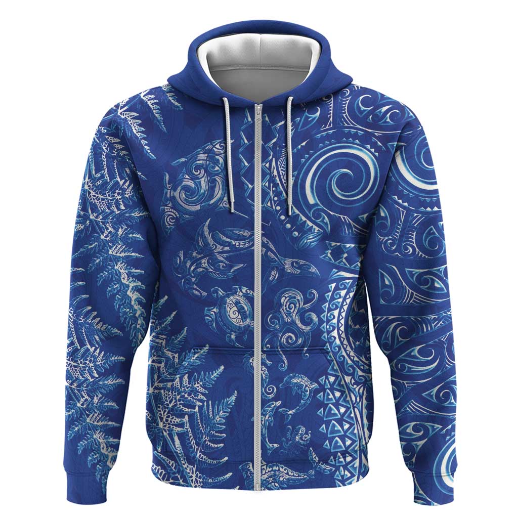 New Zealand Sea Animals Hoodie with Maori Koru Tribal Tattoo and Silver Ferns Aquatic Style