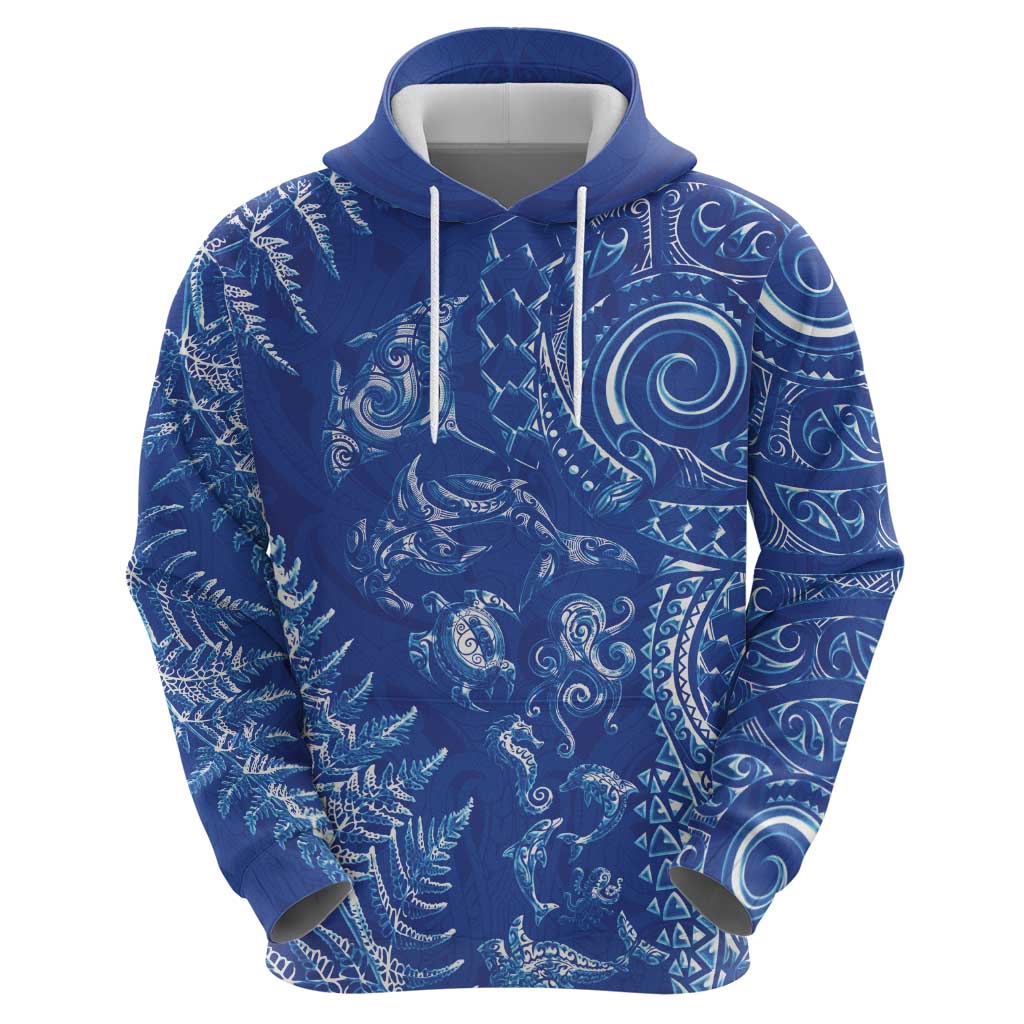 New Zealand Sea Animals Hoodie with Maori Koru Tribal Tattoo and Silver Ferns Aquatic Style