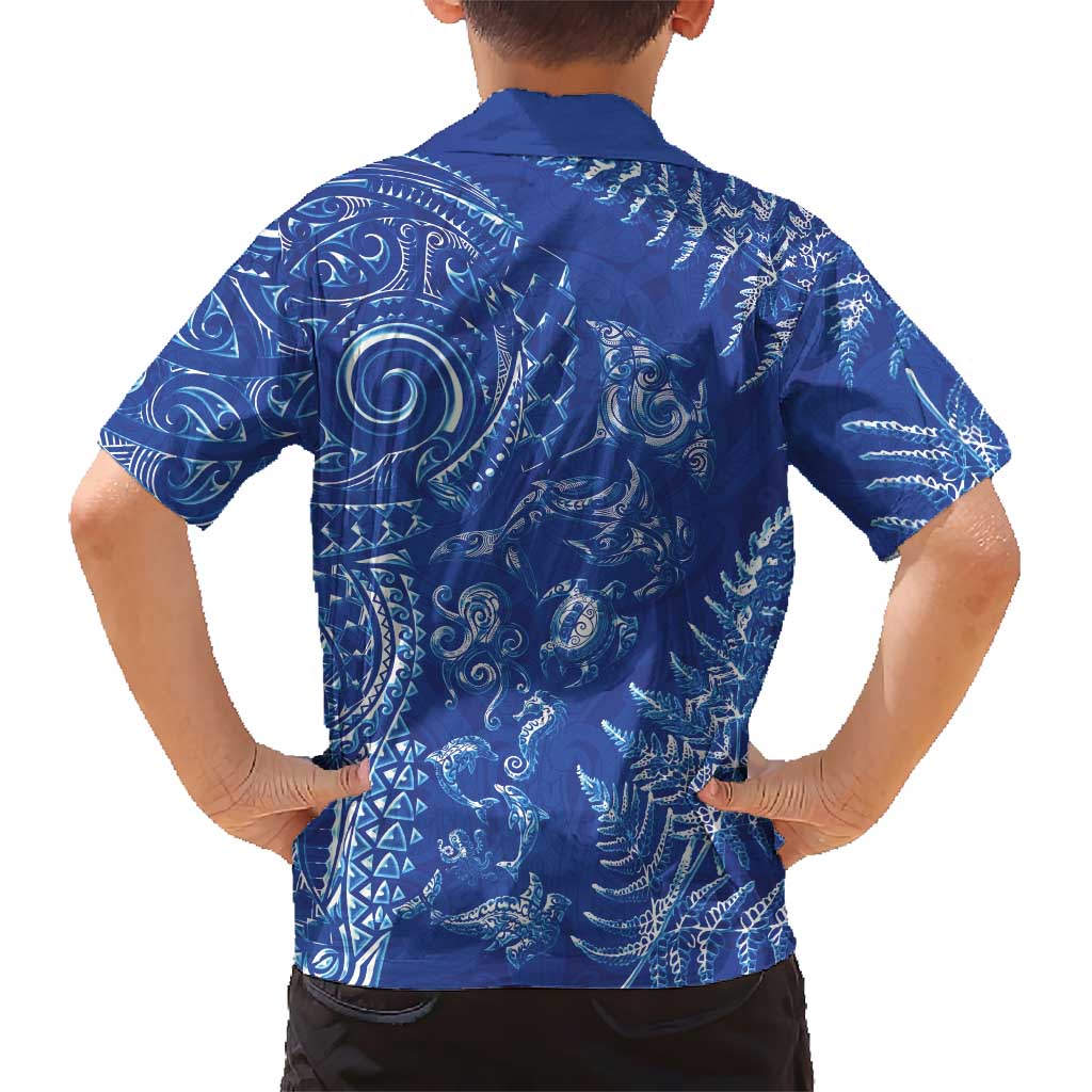 New Zealand Sea Animals Kid Hawaiian Shirt with Maori Koru Tribal Tattoo and Silver Ferns Aquatic Style