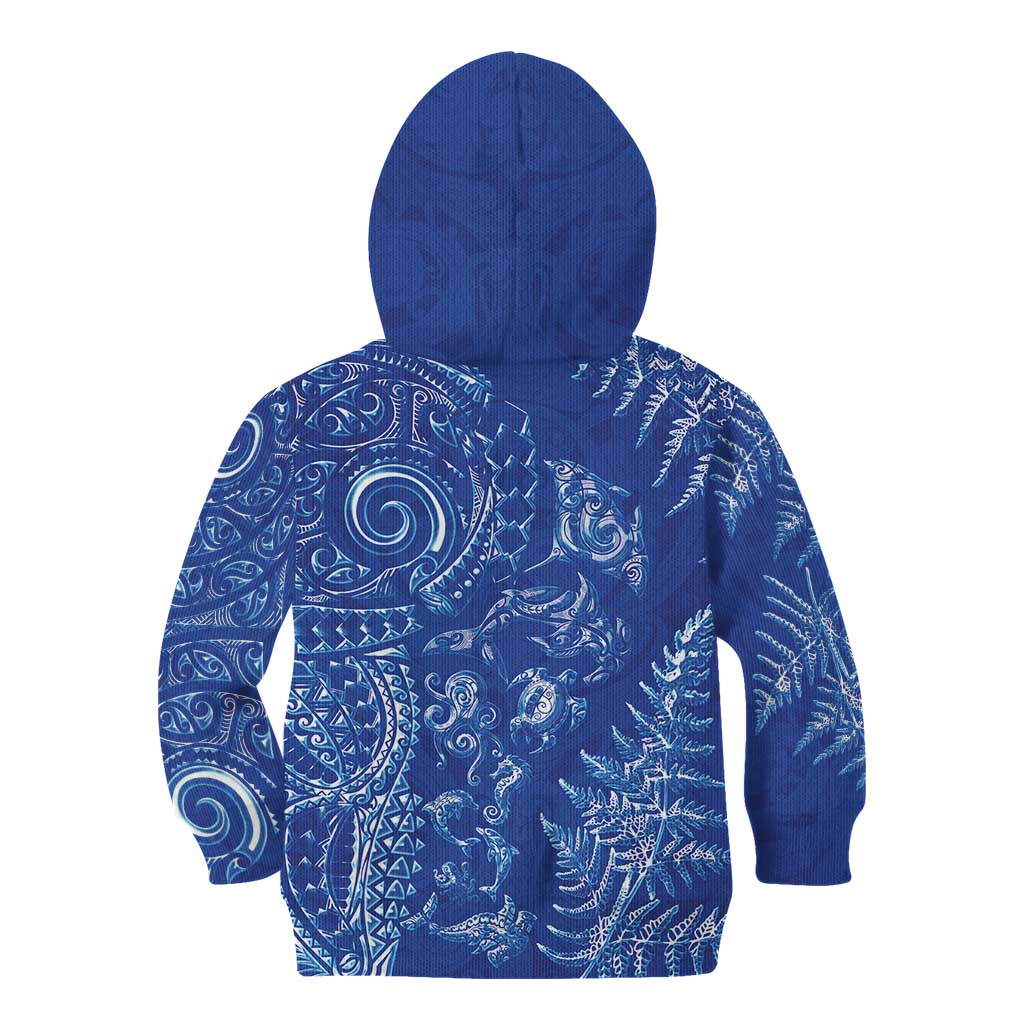 New Zealand Sea Animals Kid Hoodie with Maori Koru Tribal Tattoo and Silver Ferns Aquatic Style