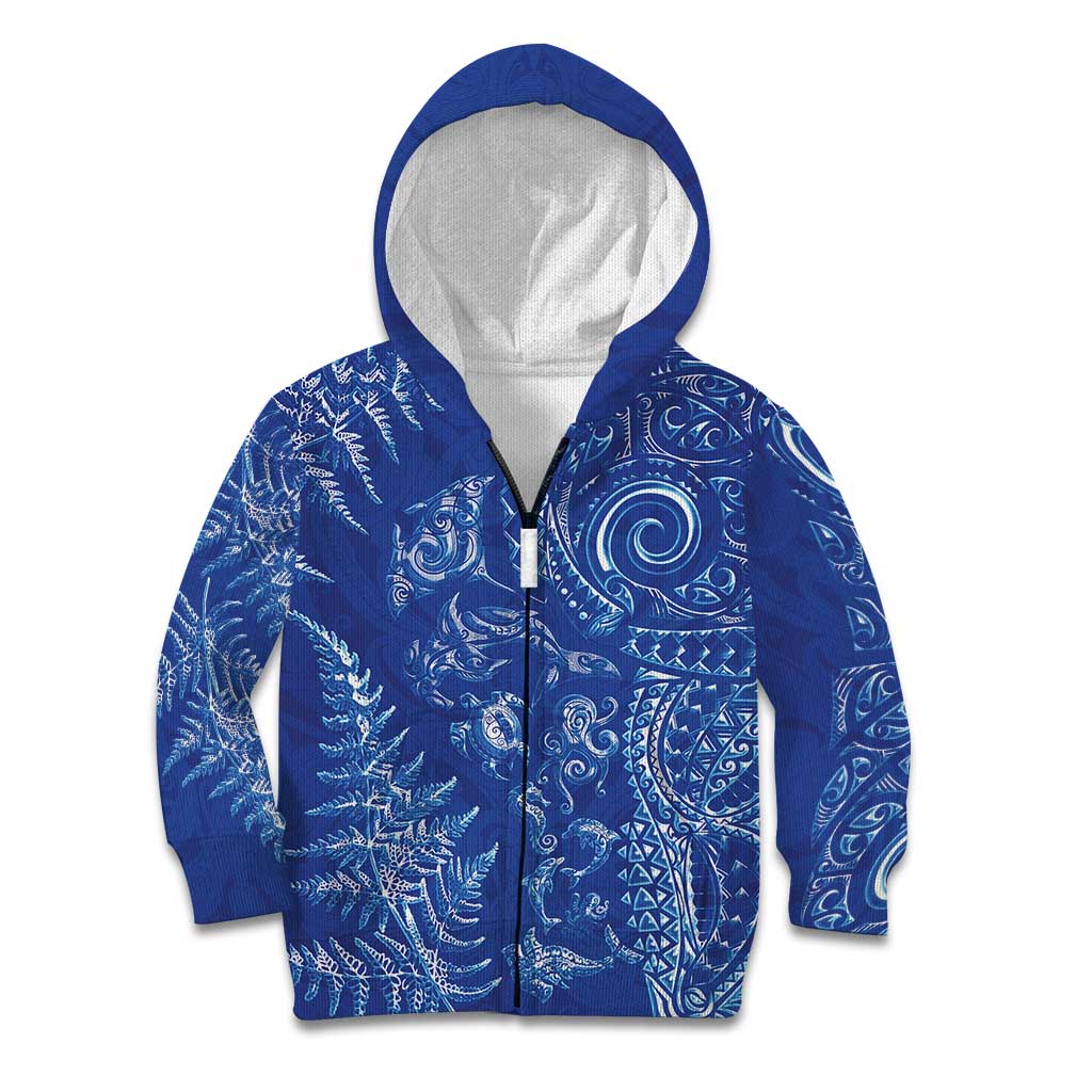 New Zealand Sea Animals Kid Hoodie with Maori Koru Tribal Tattoo and Silver Ferns Aquatic Style