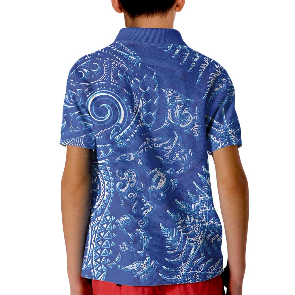 New Zealand Sea Animals Kid Polo Shirt with Maori Koru Tribal Tattoo and Silver Ferns Aquatic Style