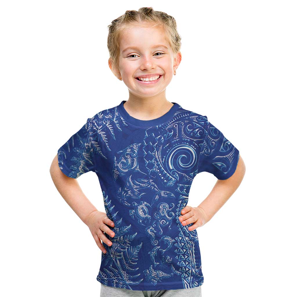 New Zealand Sea Animals Kid T Shirt with Maori Koru Tribal Tattoo and Silver Ferns Aquatic Style