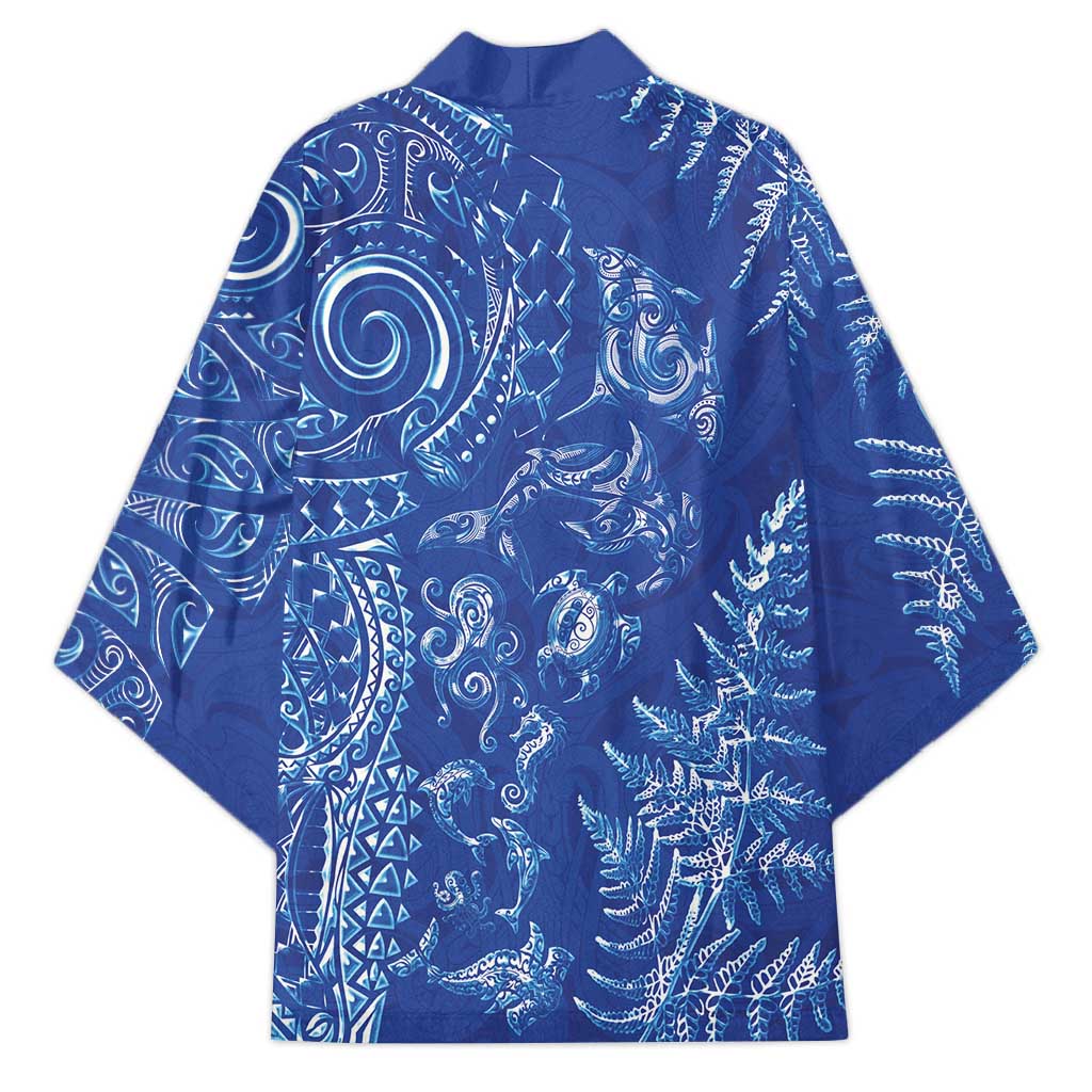 New Zealand Sea Animals Kimono with Maori Koru Tribal Tattoo and Silver Ferns Aquatic Style
