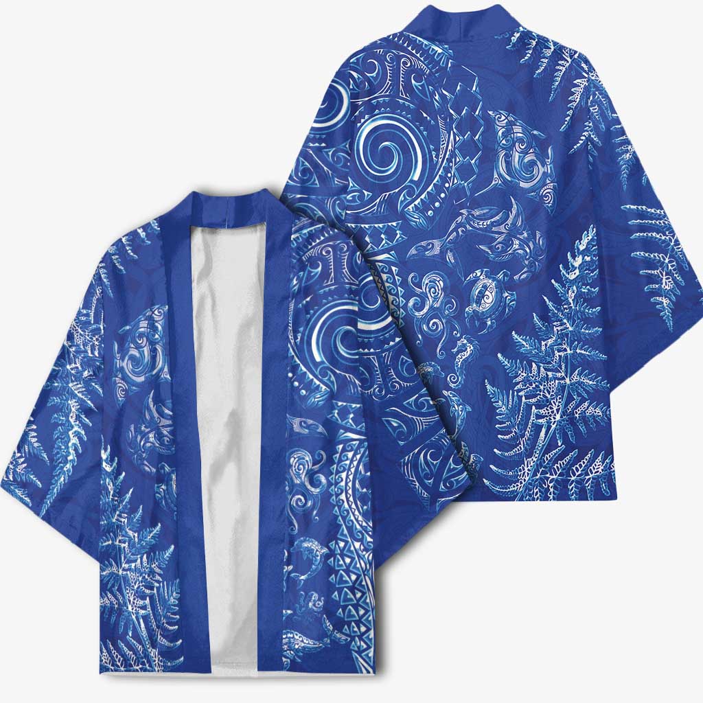 New Zealand Sea Animals Kimono with Maori Koru Tribal Tattoo and Silver Ferns Aquatic Style