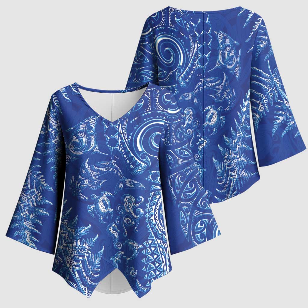 New Zealand Sea Animals Kimono Sleeve Blouse with Maori Koru Tribal Tattoo and Silver Ferns Aquatic Style