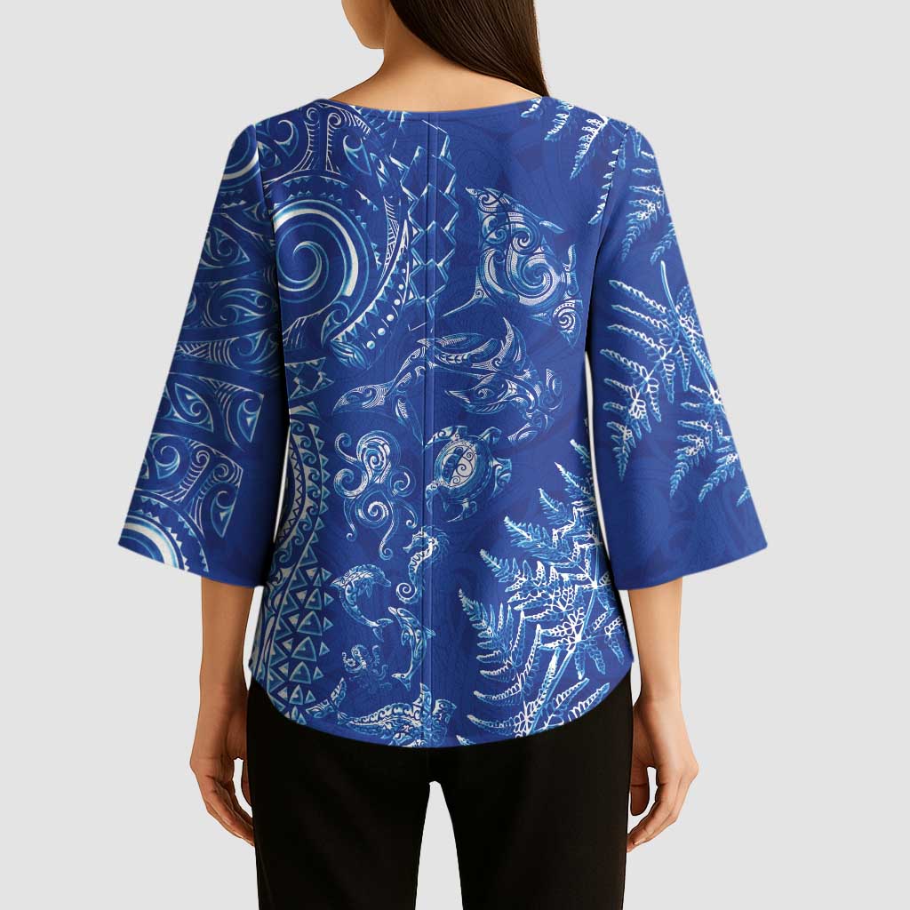New Zealand Sea Animals Kimono Sleeve Blouse with Maori Koru Tribal Tattoo and Silver Ferns Aquatic Style