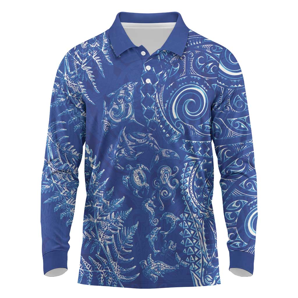 New Zealand Sea Animals Long Sleeve Polo Shirt with Maori Koru Tribal Tattoo and Silver Ferns Aquatic Style LT03 Navy - Polynesian Pride