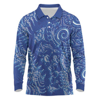 New Zealand Sea Animals Long Sleeve Polo Shirt with Maori Koru Tribal Tattoo and Silver Ferns Aquatic Style LT03 Navy - Polynesian Pride