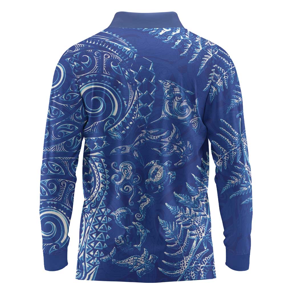 New Zealand Sea Animals Long Sleeve Polo Shirt with Maori Koru Tribal Tattoo and Silver Ferns Aquatic Style LT03 - Polynesian Pride