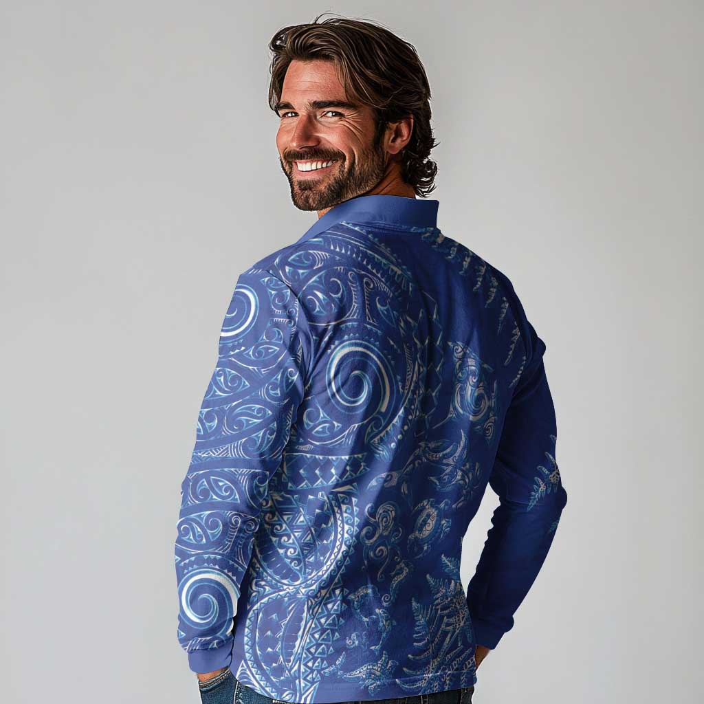 New Zealand Sea Animals Long Sleeve Polo Shirt with Maori Koru Tribal Tattoo and Silver Ferns Aquatic Style LT03 - Polynesian Pride