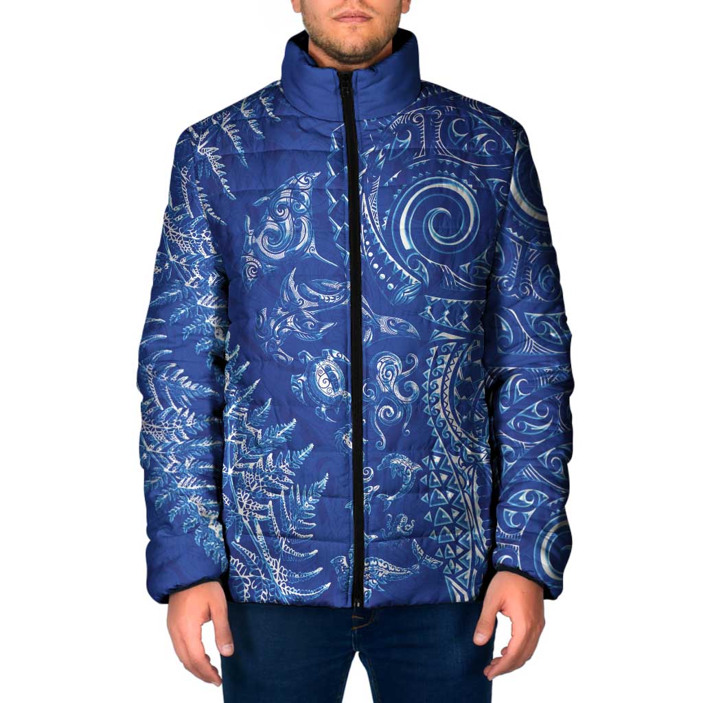 New Zealand Sea Animals Padded Jacket with Maori Koru Tribal Tattoo and Silver Ferns Aquatic Style