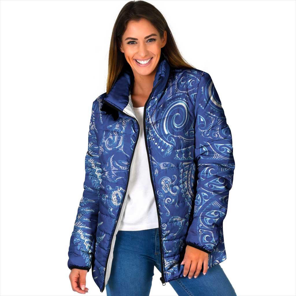 New Zealand Sea Animals Padded Jacket with Maori Koru Tribal Tattoo and Silver Ferns Aquatic Style