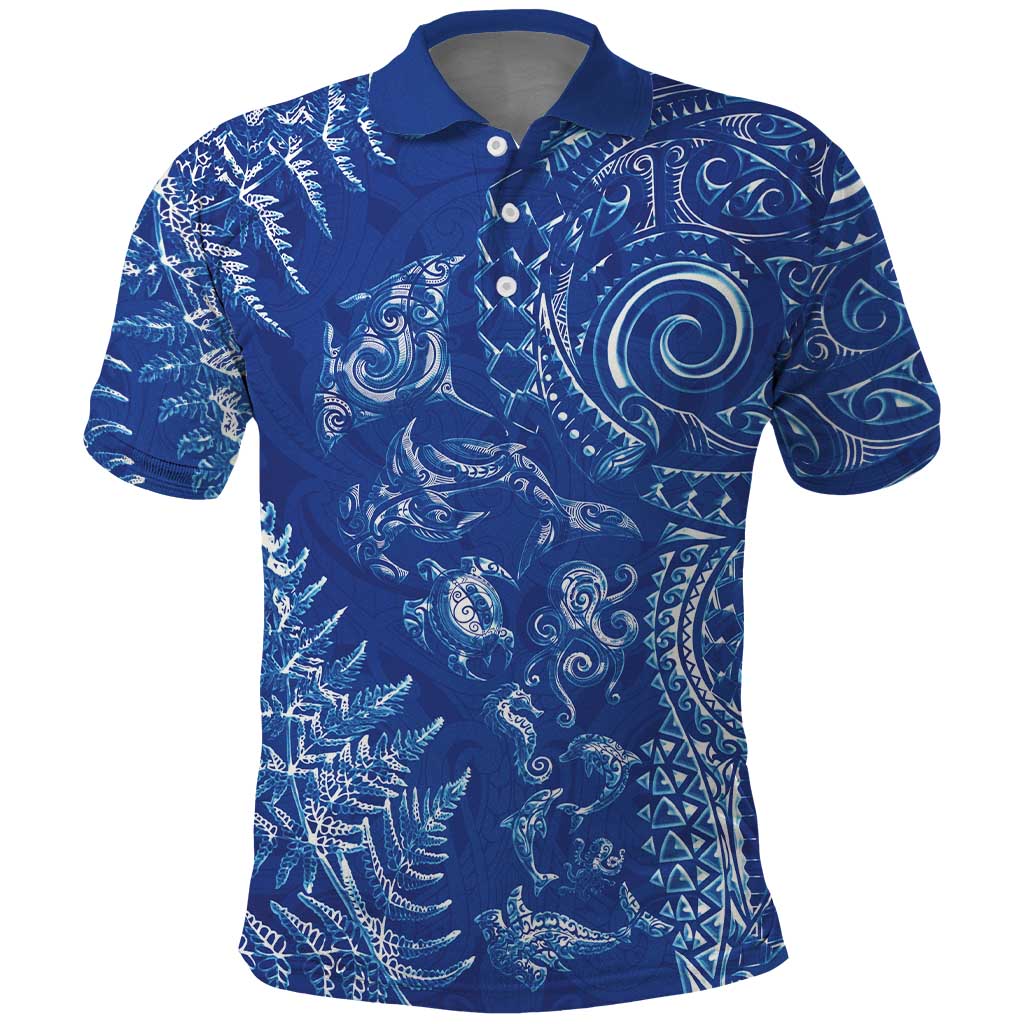 New Zealand Sea Animals Polo Shirt with Maori Koru Tribal Tattoo and Silver Ferns Aquatic Style