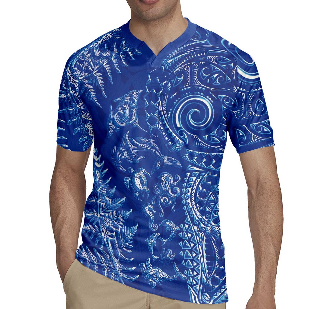 New Zealand Sea Animals Rugby Jersey with Maori Koru Tribal Tattoo and Silver Ferns Aquatic Style
