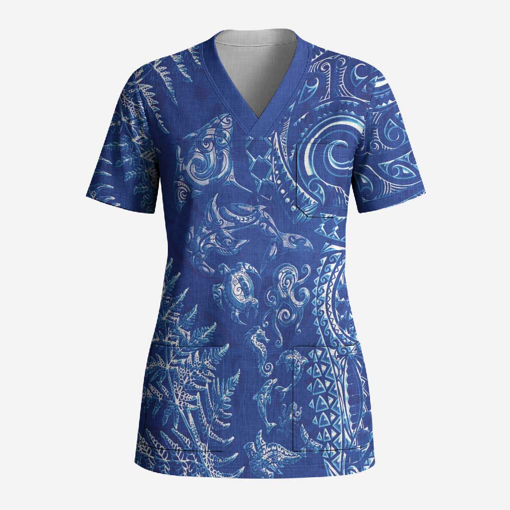 New Zealand Sea Animals Scrub Top with Maori Koru Tribal Tattoo and Silver Ferns Aquatic Style