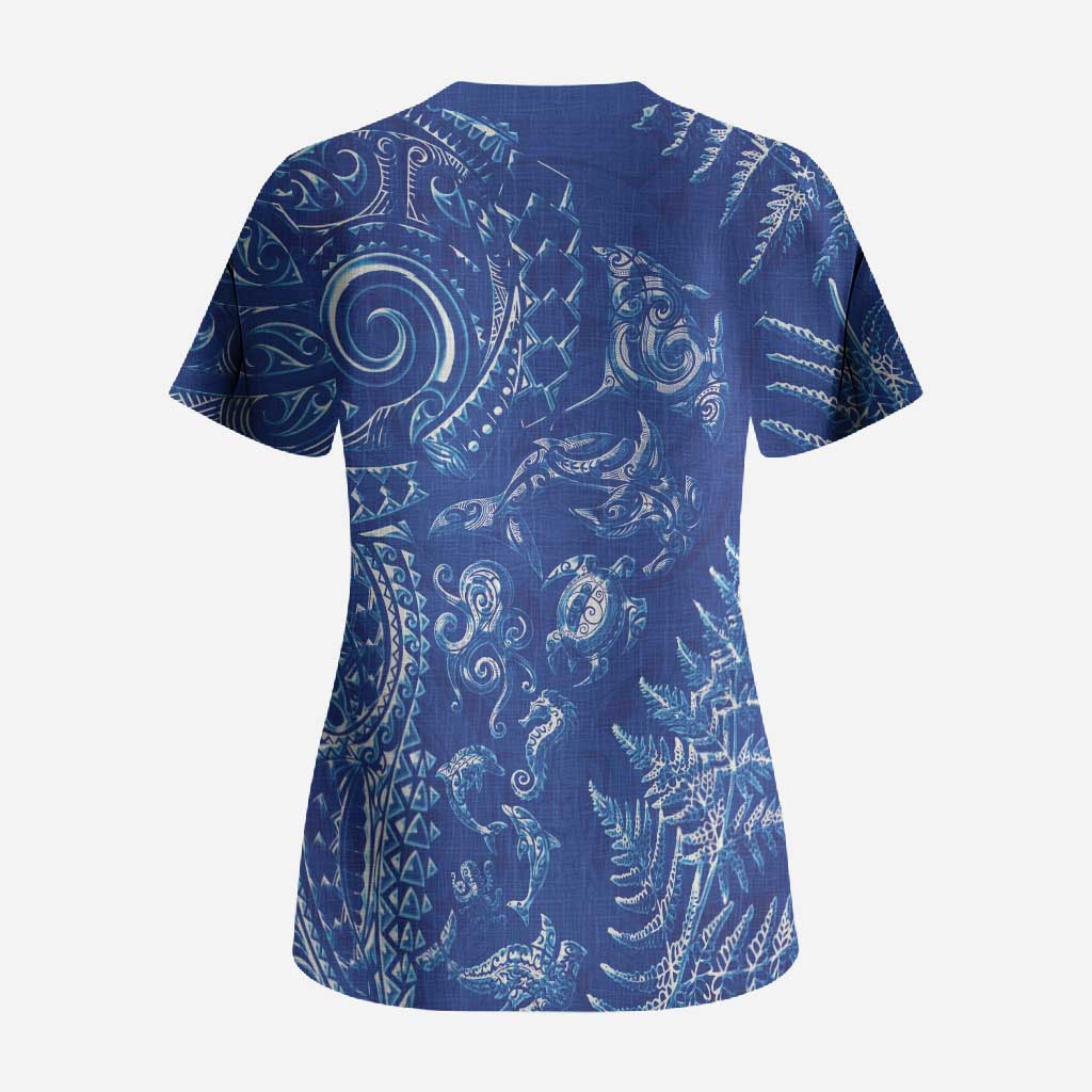 New Zealand Sea Animals Scrub Top with Maori Koru Tribal Tattoo and Silver Ferns Aquatic Style