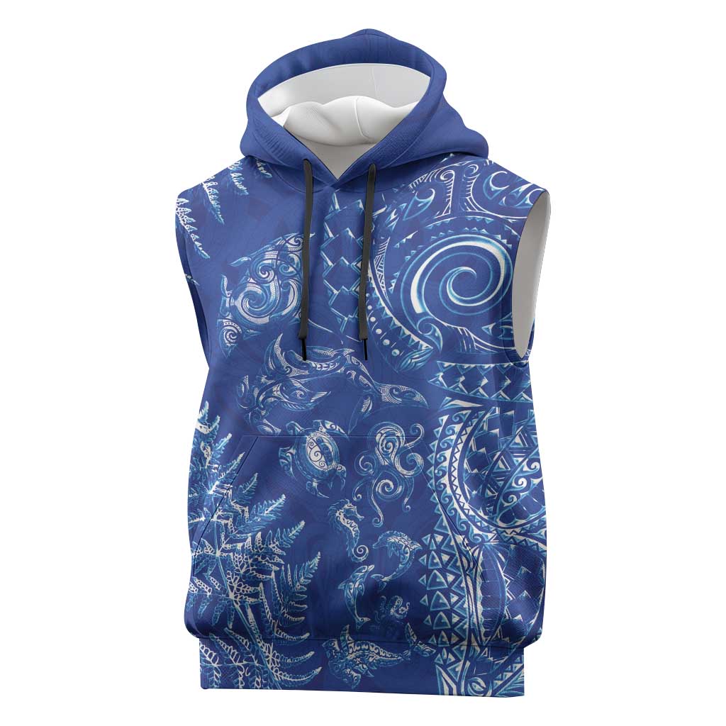 New Zealand Sea Animals Sleeveless Hoodie with Maori Koru Tribal Tattoo and Silver Ferns Aquatic Style LT03 Navy - Polynesian Pride