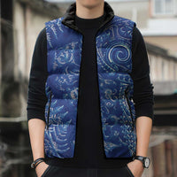 New Zealand Sea Animals Sleeveless Puffer Jacket with Maori Koru Tribal Tattoo and Silver Ferns Aquatic Style