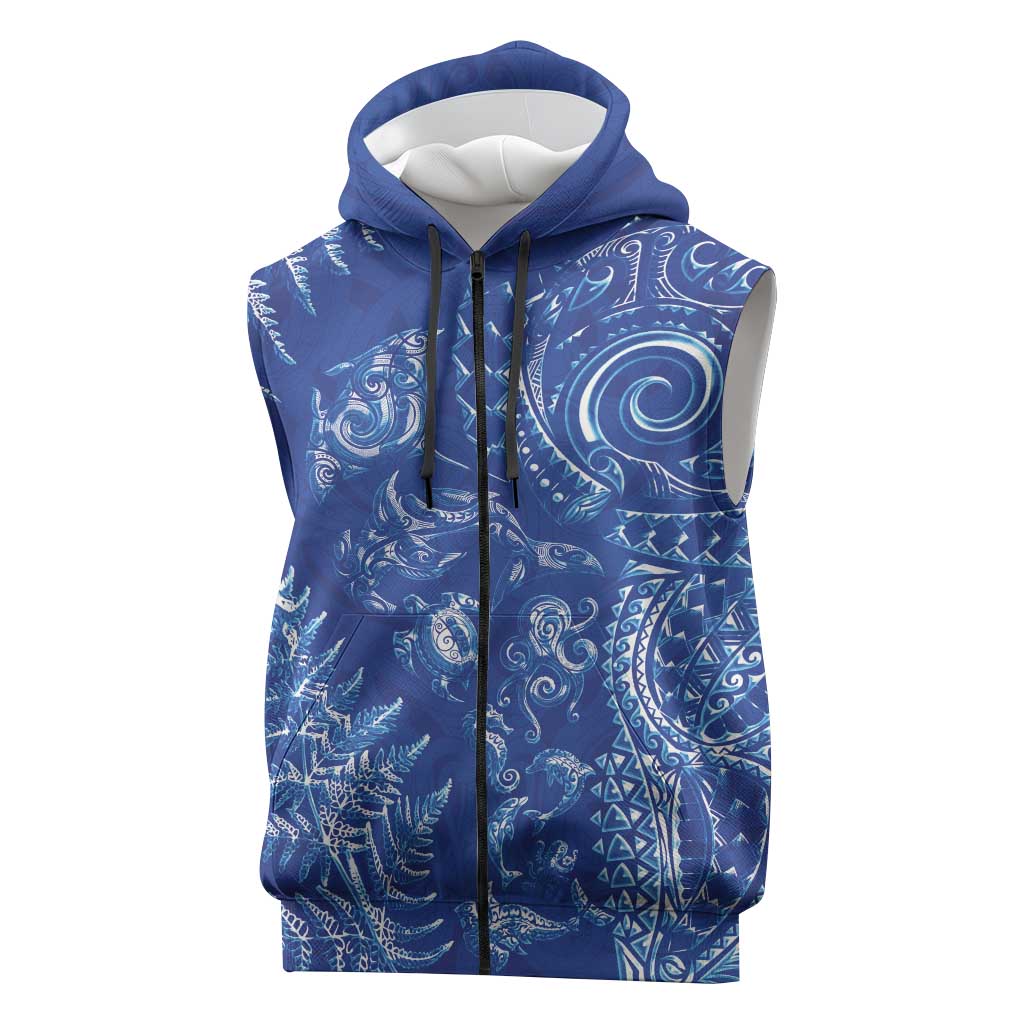 New Zealand Sea Animals Sleeveless Zip Hoodie with Maori Koru Tribal Tattoo and Silver Ferns Aquatic Style