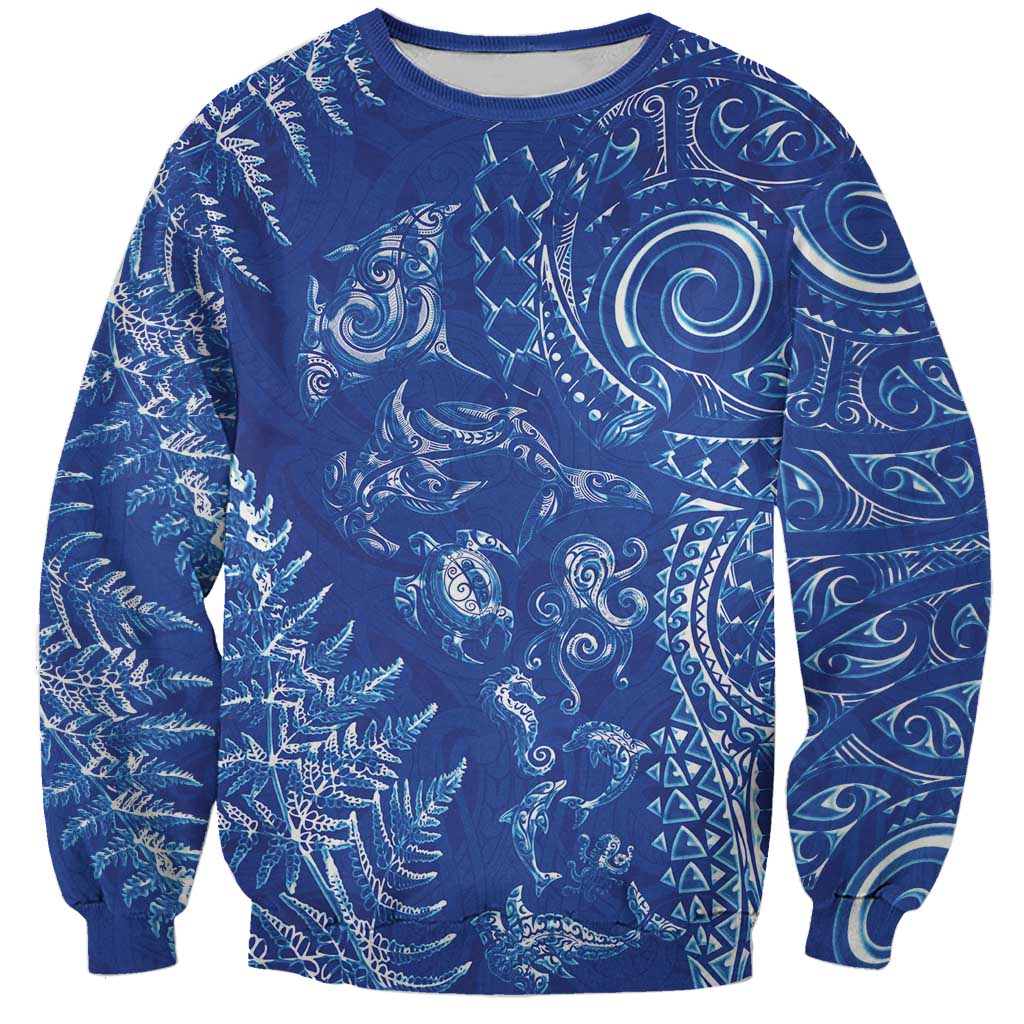 New Zealand Sea Animals Sweatshirt with Maori Koru Tribal Tattoo and Silver Ferns Aquatic Style LT03 Unisex Navy - Polynesian Pride