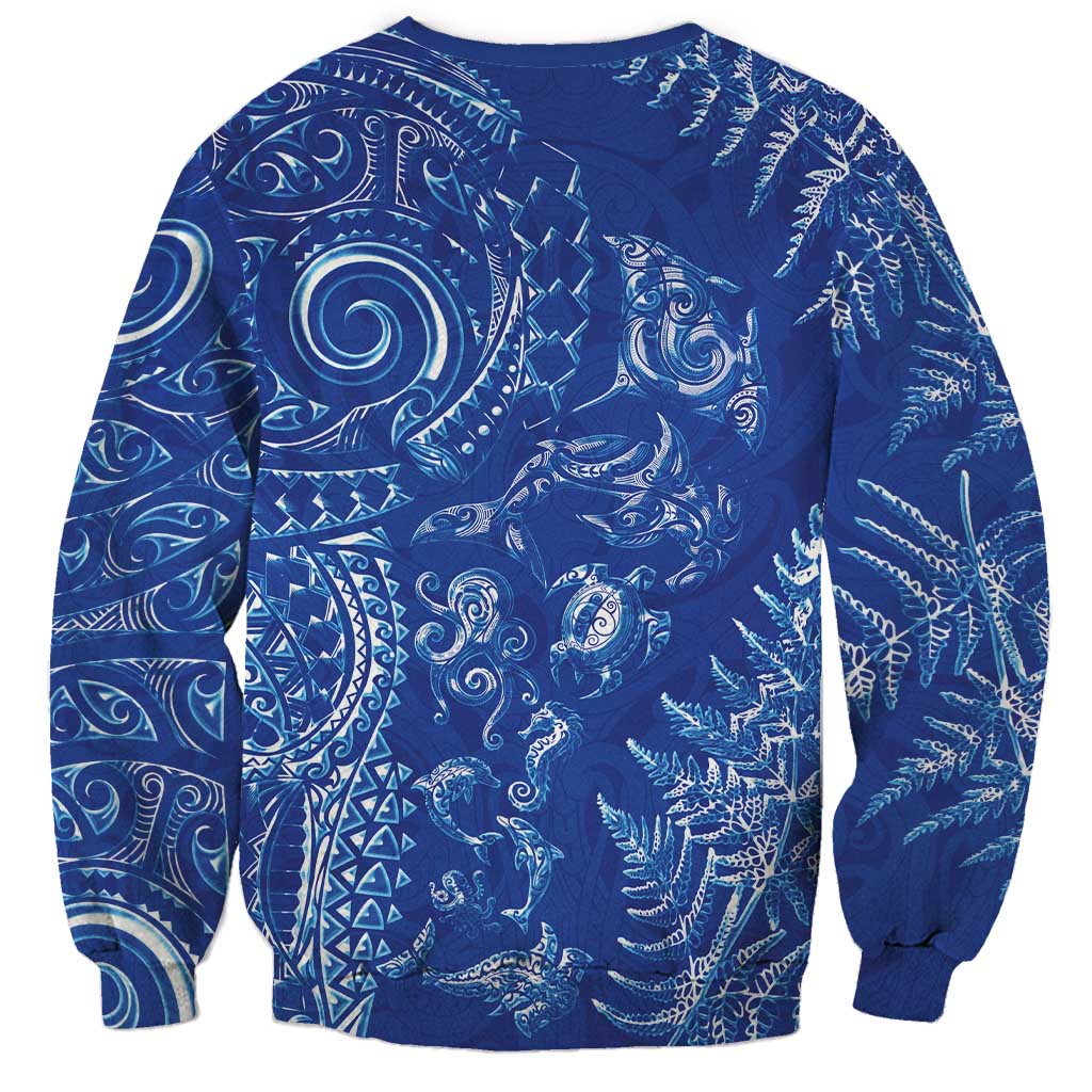 New Zealand Sea Animals Sweatshirt with Maori Koru Tribal Tattoo and Silver Ferns Aquatic Style LT03 - Polynesian Pride