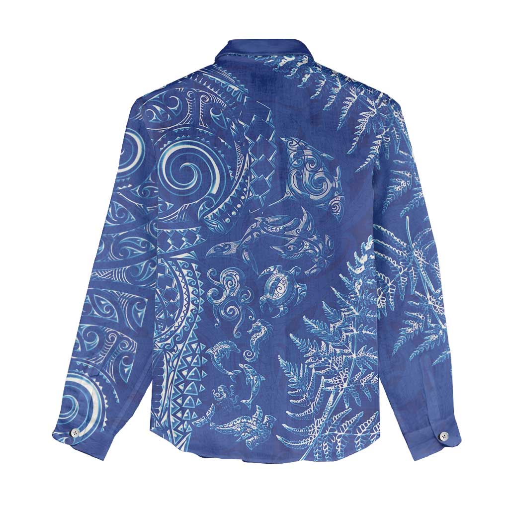 New Zealand Sea Animals Women Casual Shirt with Maori Koru Tribal Tattoo and Silver Ferns Aquatic Style