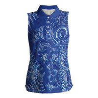 New Zealand Sea Animals Women Sleeveless Polo Shirt with Maori Koru Tribal Tattoo and Silver Ferns Aquatic Style LT03 Female Navy - Polynesian Pride