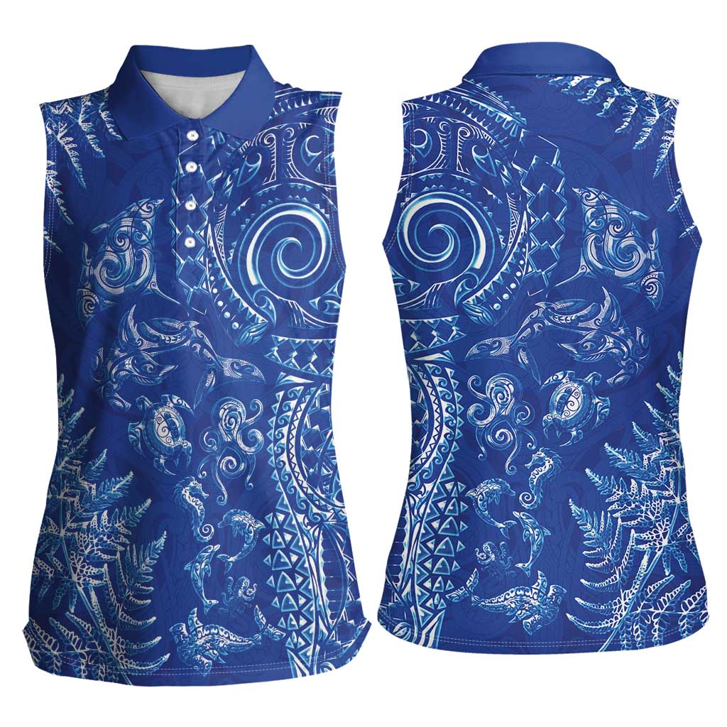 New Zealand Sea Animals Women Sleeveless Polo Shirt with Maori Koru Tribal Tattoo and Silver Ferns Aquatic Style LT03 - Polynesian Pride