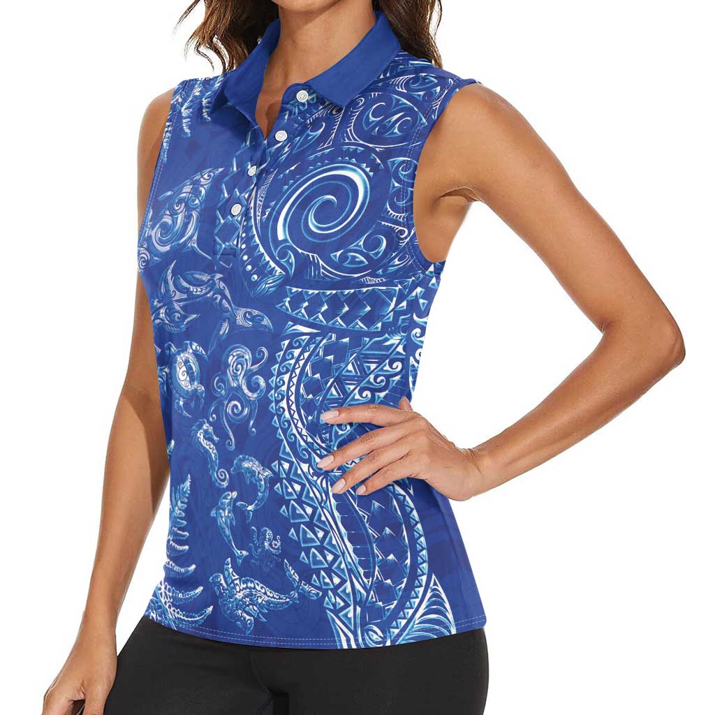 New Zealand Sea Animals Women Sleeveless Polo Shirt with Maori Koru Tribal Tattoo and Silver Ferns Aquatic Style LT03 - Polynesian Pride