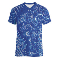 New Zealand Sea Animals Women V-Neck T-Shirt with Maori Koru Tribal Tattoo and Silver Ferns Aquatic Style