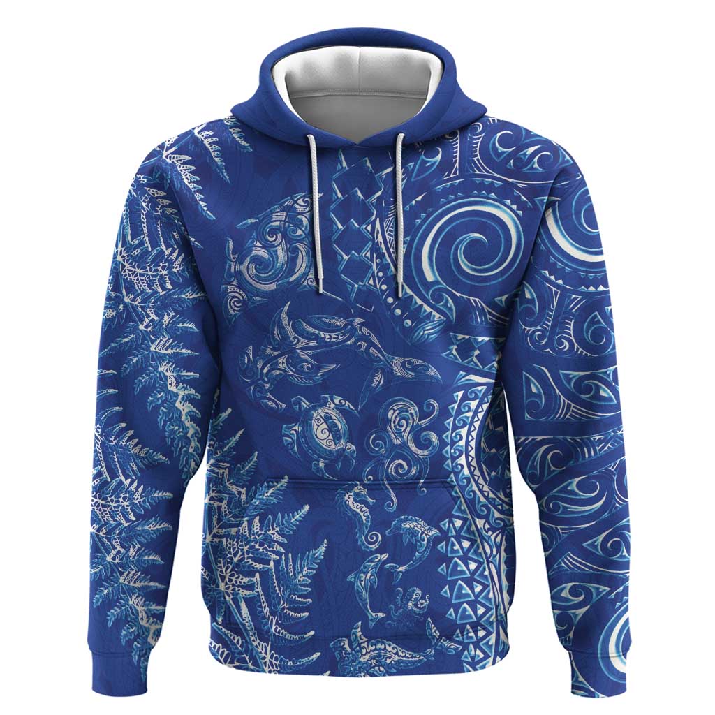 New Zealand Sea Animals Zip Hoodie with Maori Koru Tribal Tattoo and Silver Ferns Aquatic Style