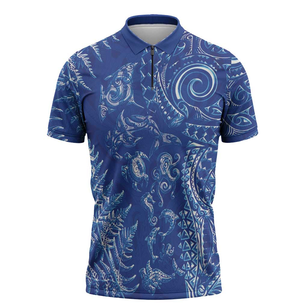 New Zealand Sea Animals Zipper Polo Shirt with Maori Koru Tribal Tattoo and Silver Ferns Aquatic Style LT03 Navy - Polynesian Pride